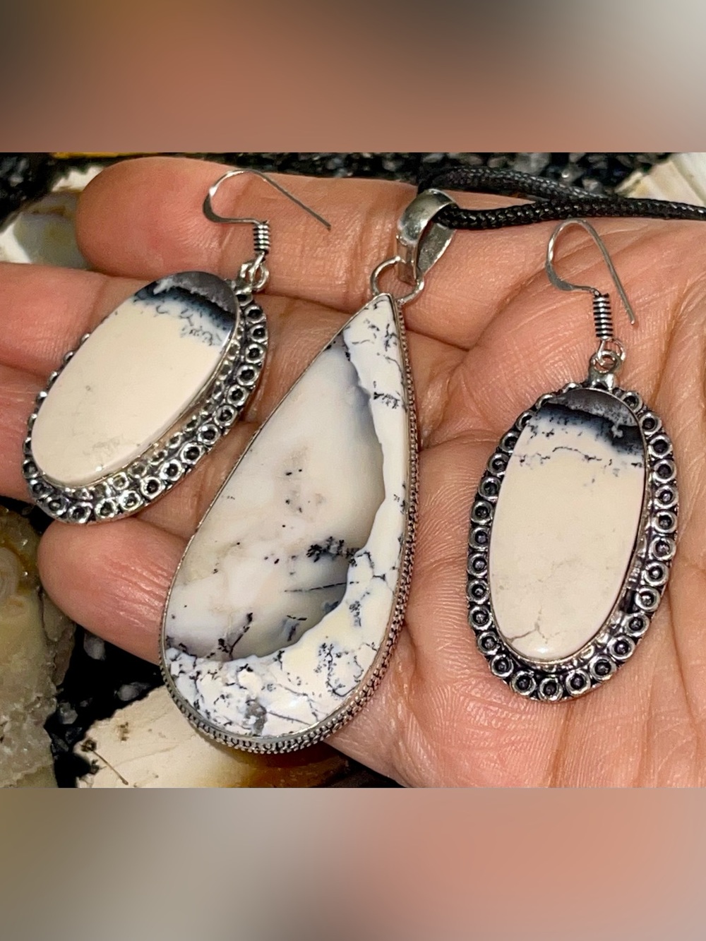 Dendritic Agate Pendant & Earrings Set